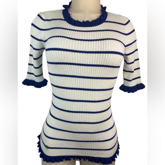 Lauren Ralph Lauren Striped Ruffle Trim Top - Blue and White Women’s Small - Picture 1 of 4